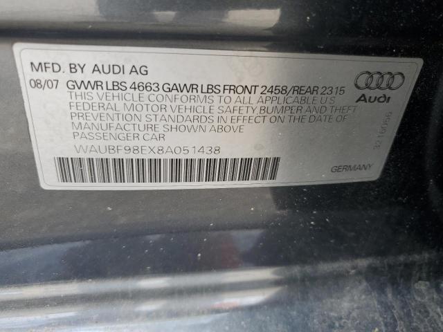 2008 Audi A4 S-Line 2.0T Turbo VIN: WAUBF98EX8A051438 Lot: 46965604