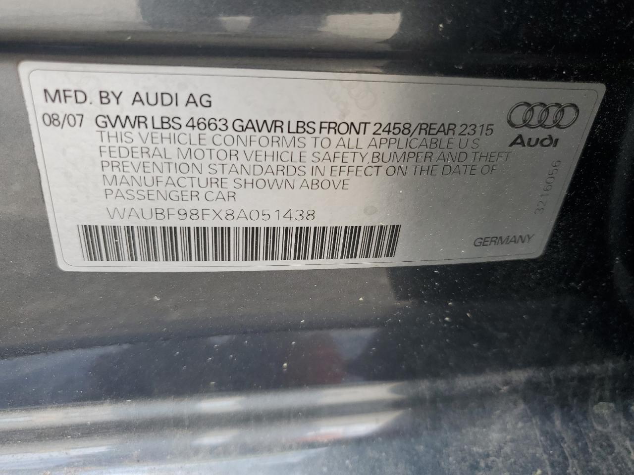 WAUBF98EX8A051438 2008 Audi A4 S-Line 2.0T Turbo