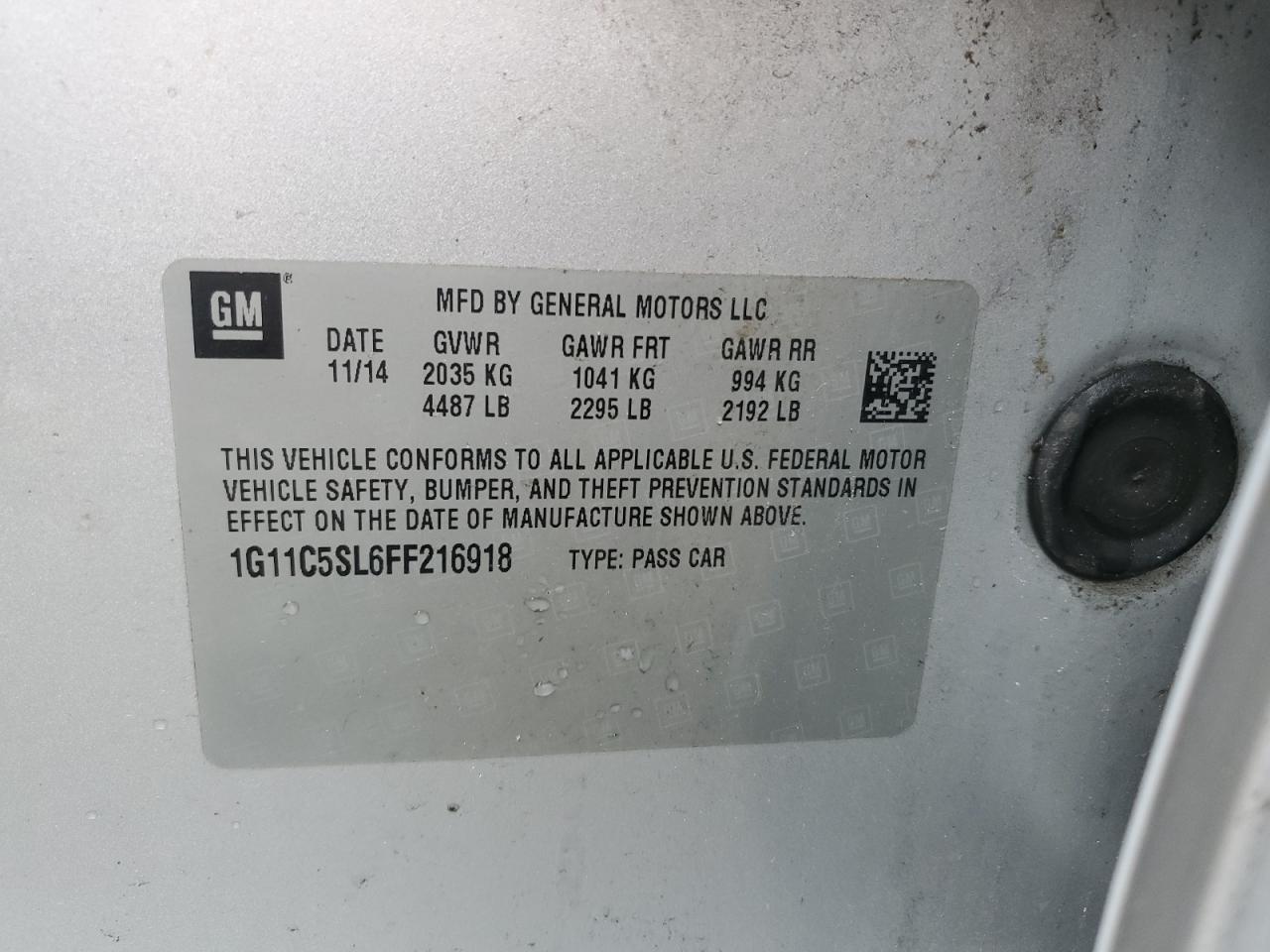 1G11C5SL6FF216918 2015 Chevrolet Malibu 1Lt