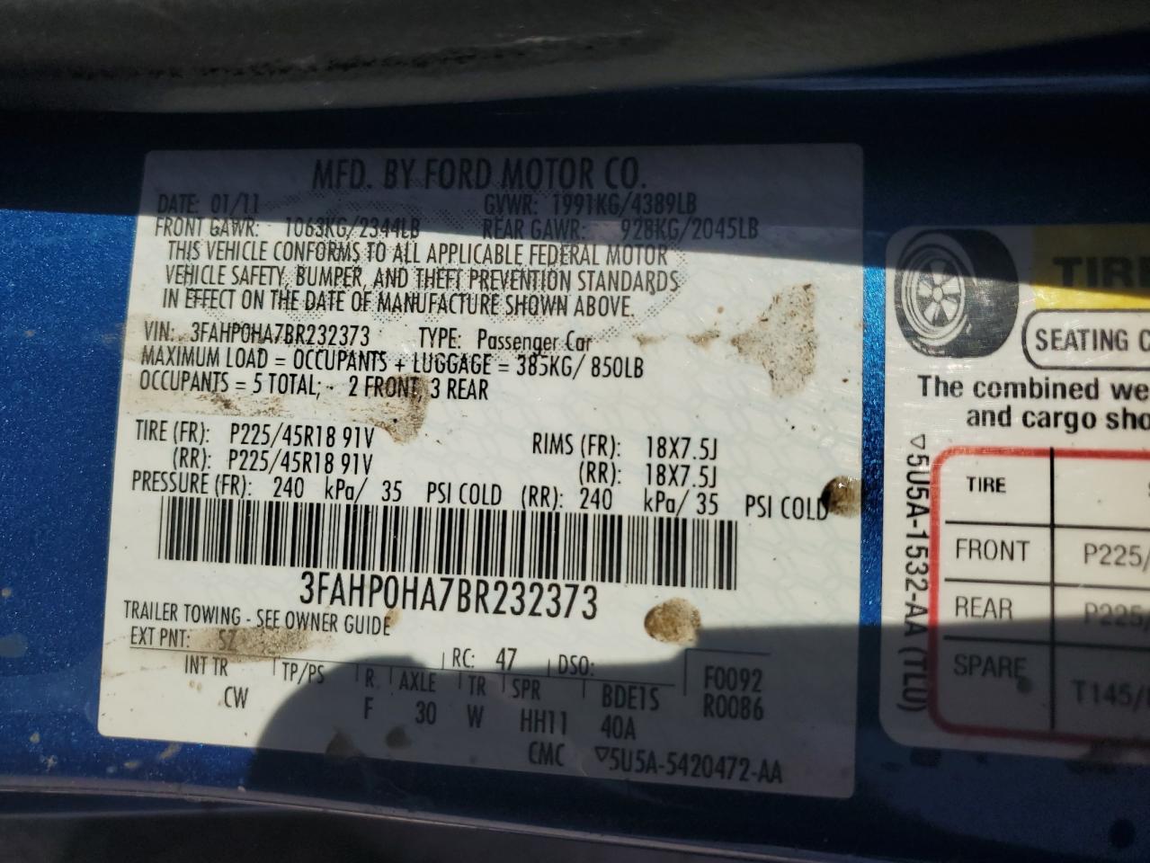 3FAHP0HA7BR232373 2011 Ford Fusion Se