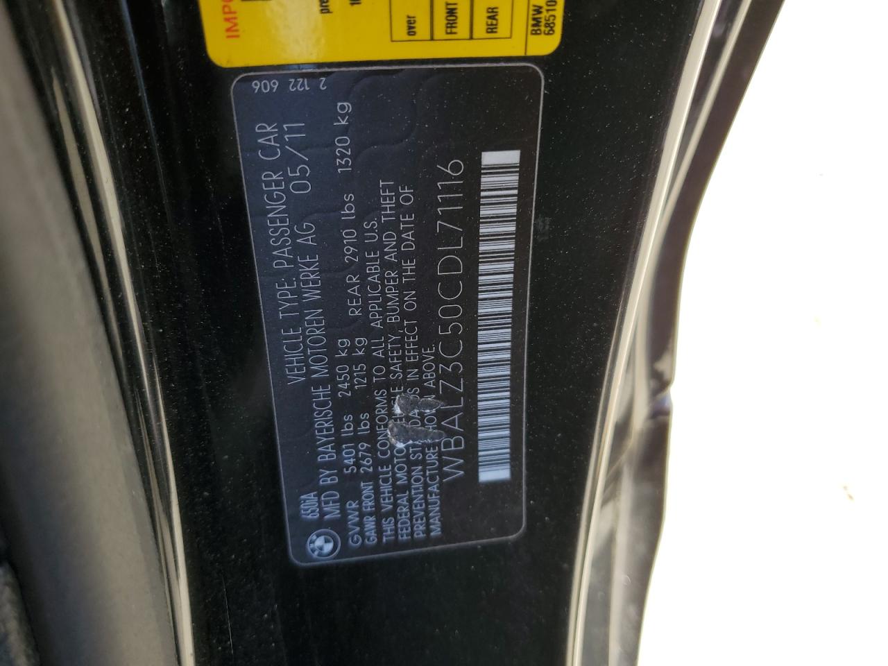 WBALZ3C50CDL71116 2012 BMW 650 I