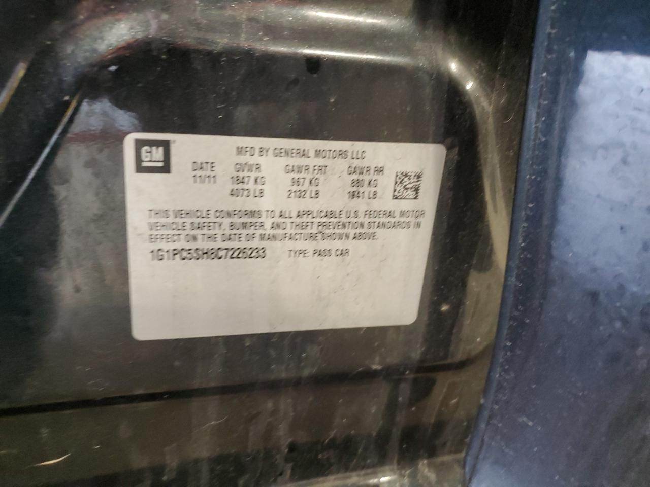 1G1PC5SH8C7226233 2012 Chevrolet Cruze Ls