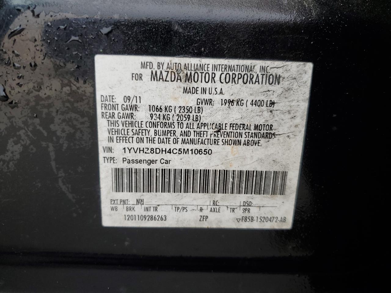 1YVHZ8DH4C5M10650 2012 Mazda 6 I