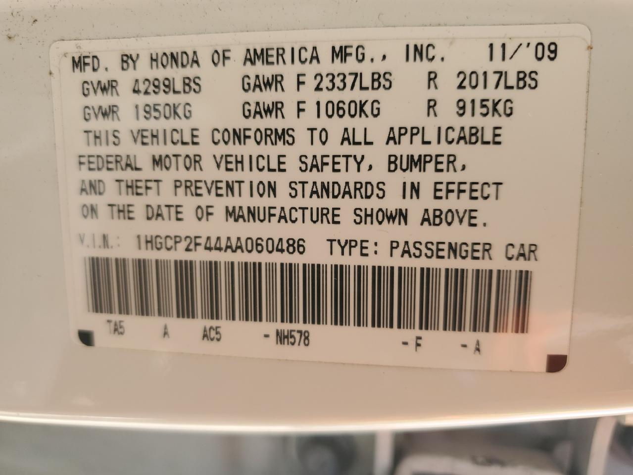 1HGCP2F44AA060486 2010 Honda Accord Lxp