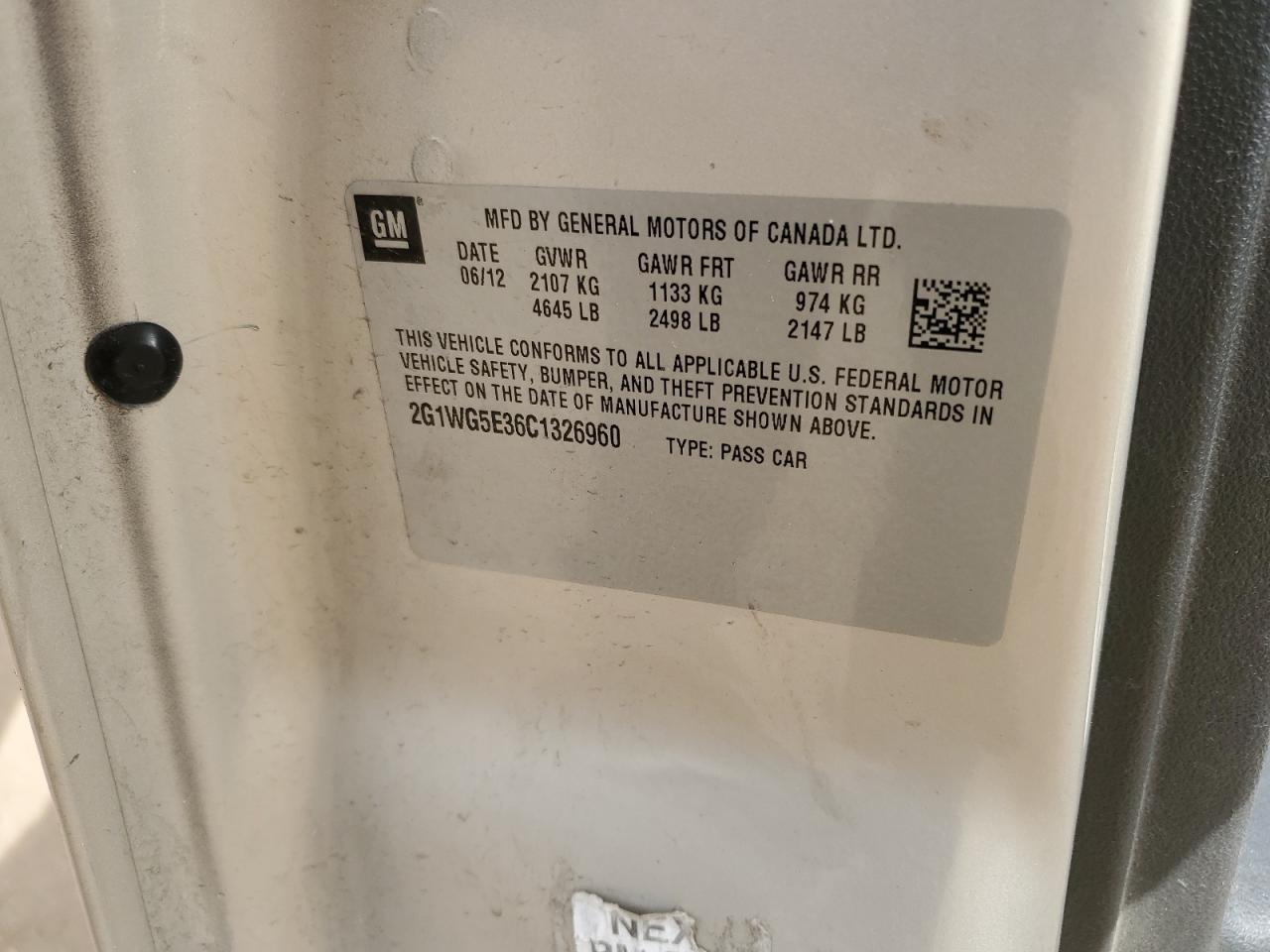 2G1WG5E36C1326960 2012 Chevrolet Impala Lt