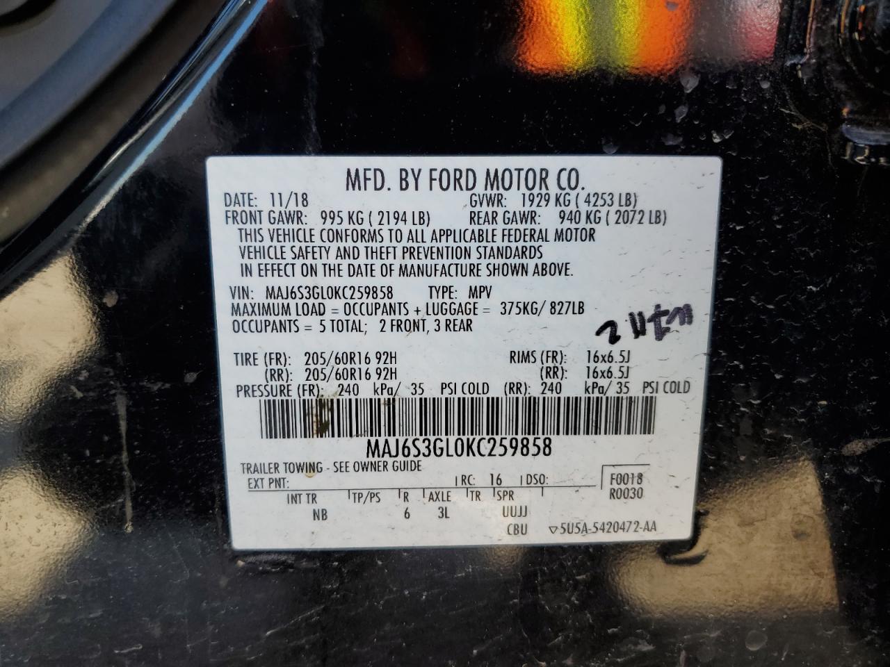 VIN: MAJ6S3GL0KC259858 2019 FORD ECOSPORT