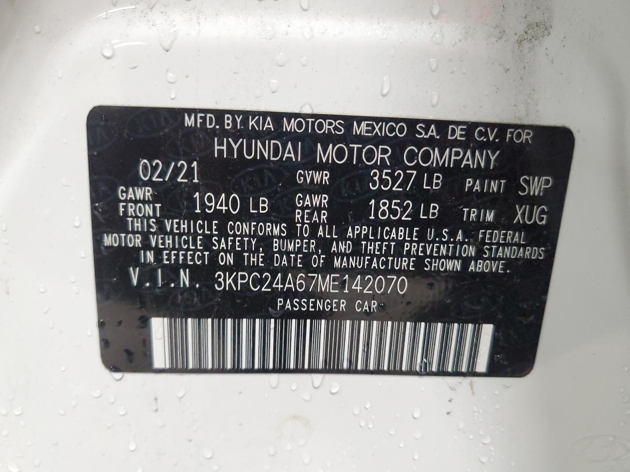 3KPC24A67ME142070 2021 Hyundai Accent Se