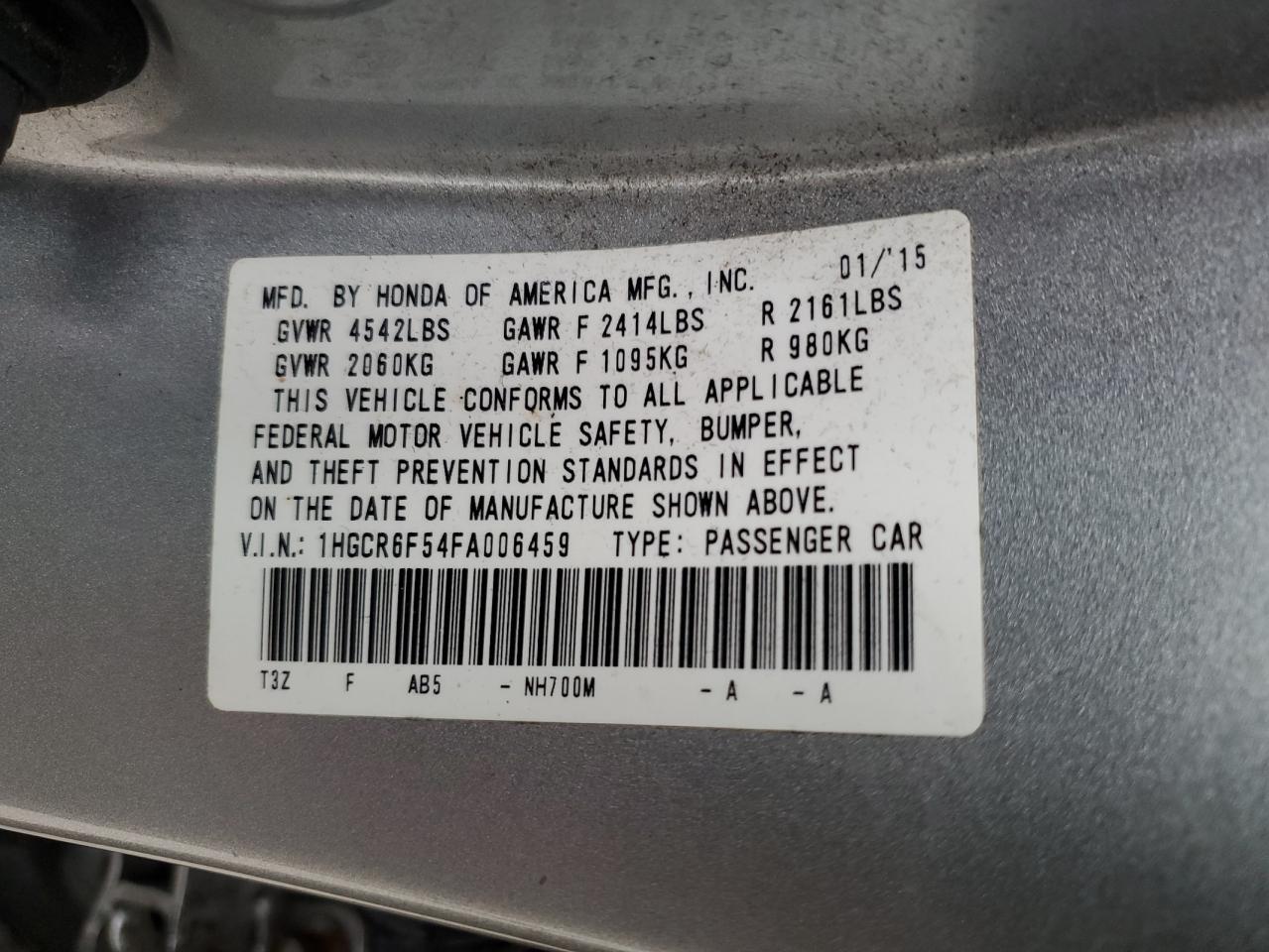 1HGCR6F54FA006459 2015 Honda Accord Hybrid Exl