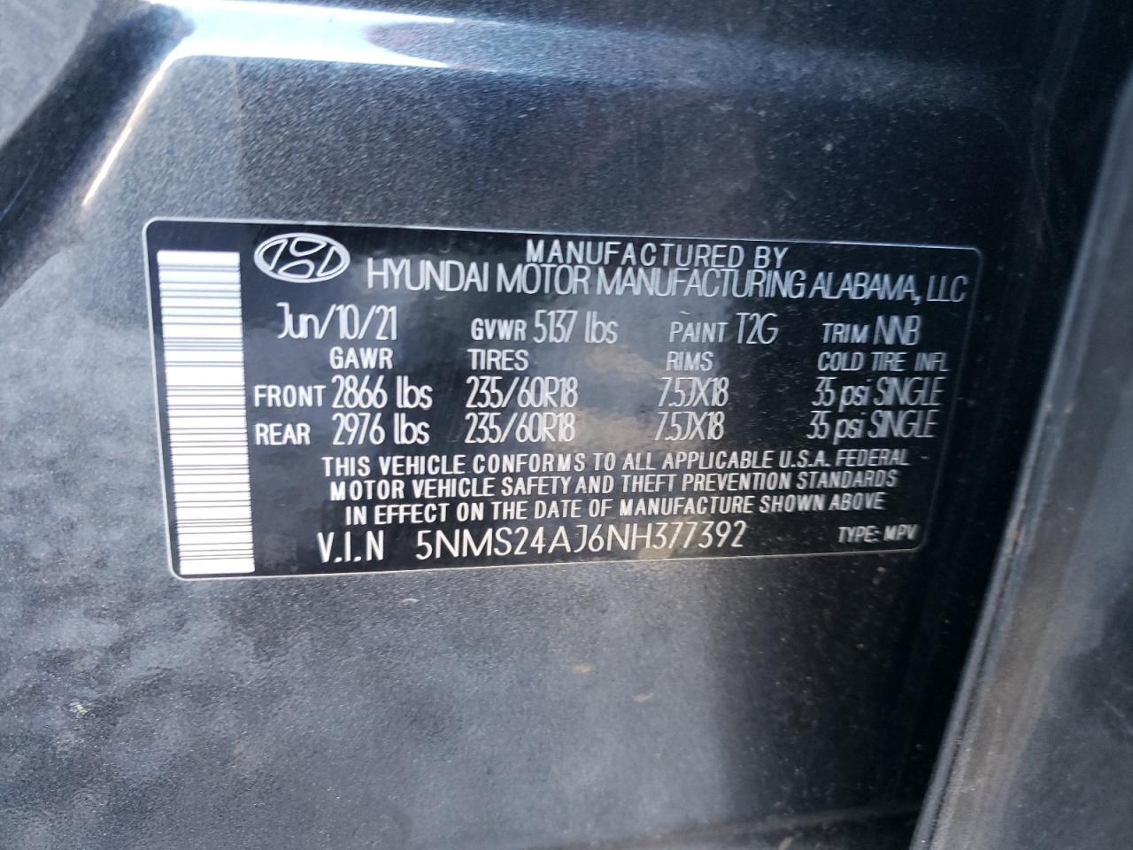 5NMS24AJ6NH377392 2022 Hyundai Santa Fe Sel