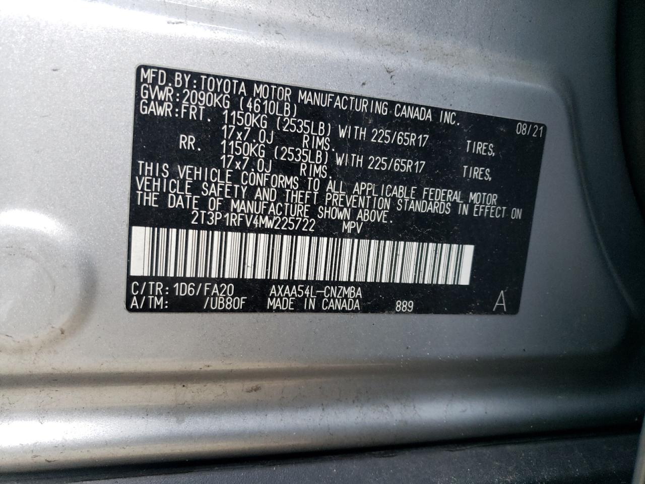2T3P1RFV4MW225722 2021 Toyota Rav4 Xle