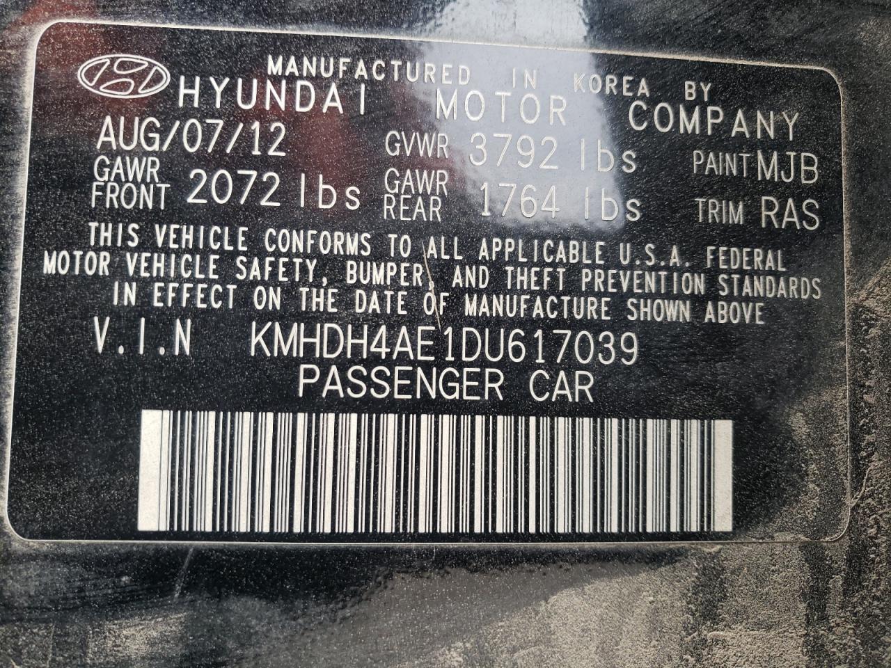 KMHDH4AE1DU617039 2013 Hyundai Elantra Gls