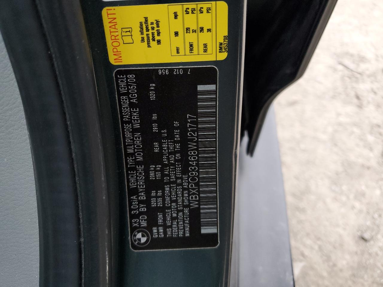 WBXPC93468WJ21717 2008 BMW X3 3.0Si