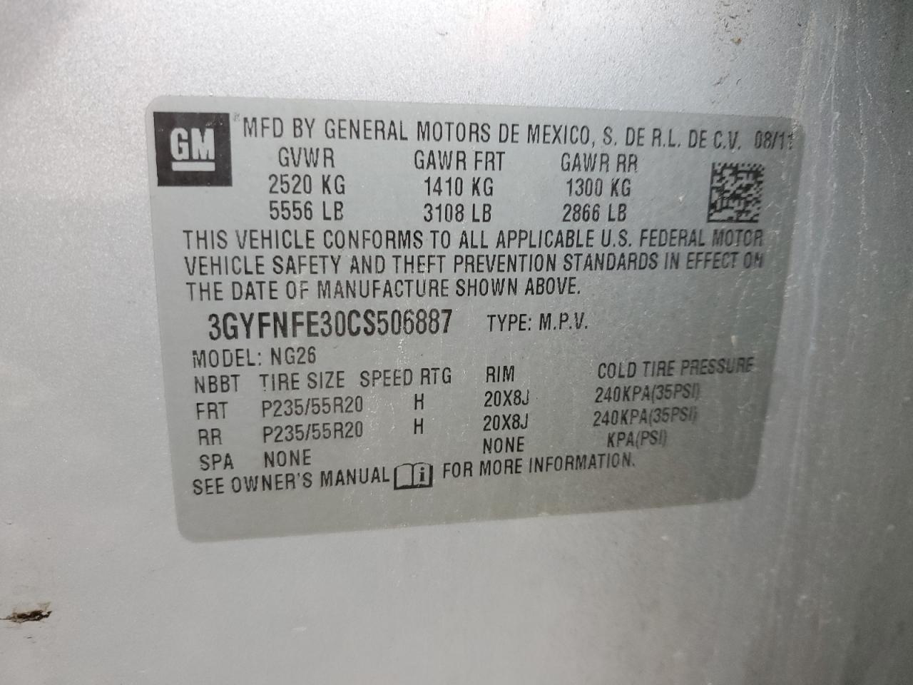 3GYFNFE30CS506887 2012 Cadillac Srx Premium Collection