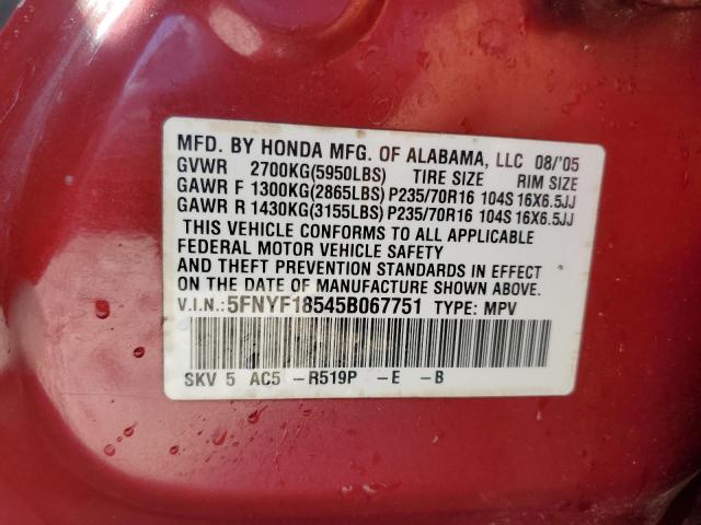 2005 Honda Pilot Exl VIN: 5FNYF18545B067751 Lot: 48685154