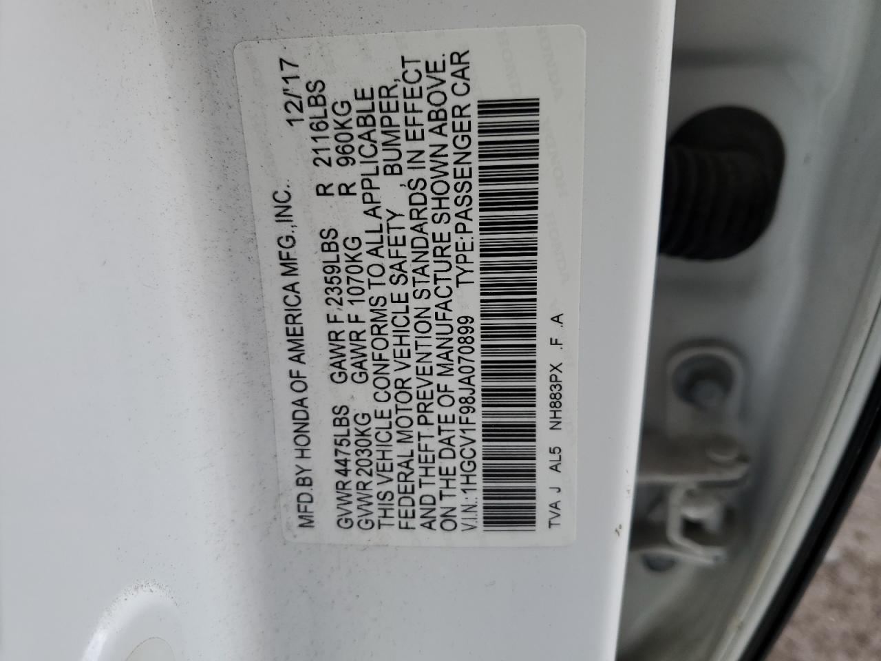 1HGCV1F98JA070899 2018 Honda Accord Touring