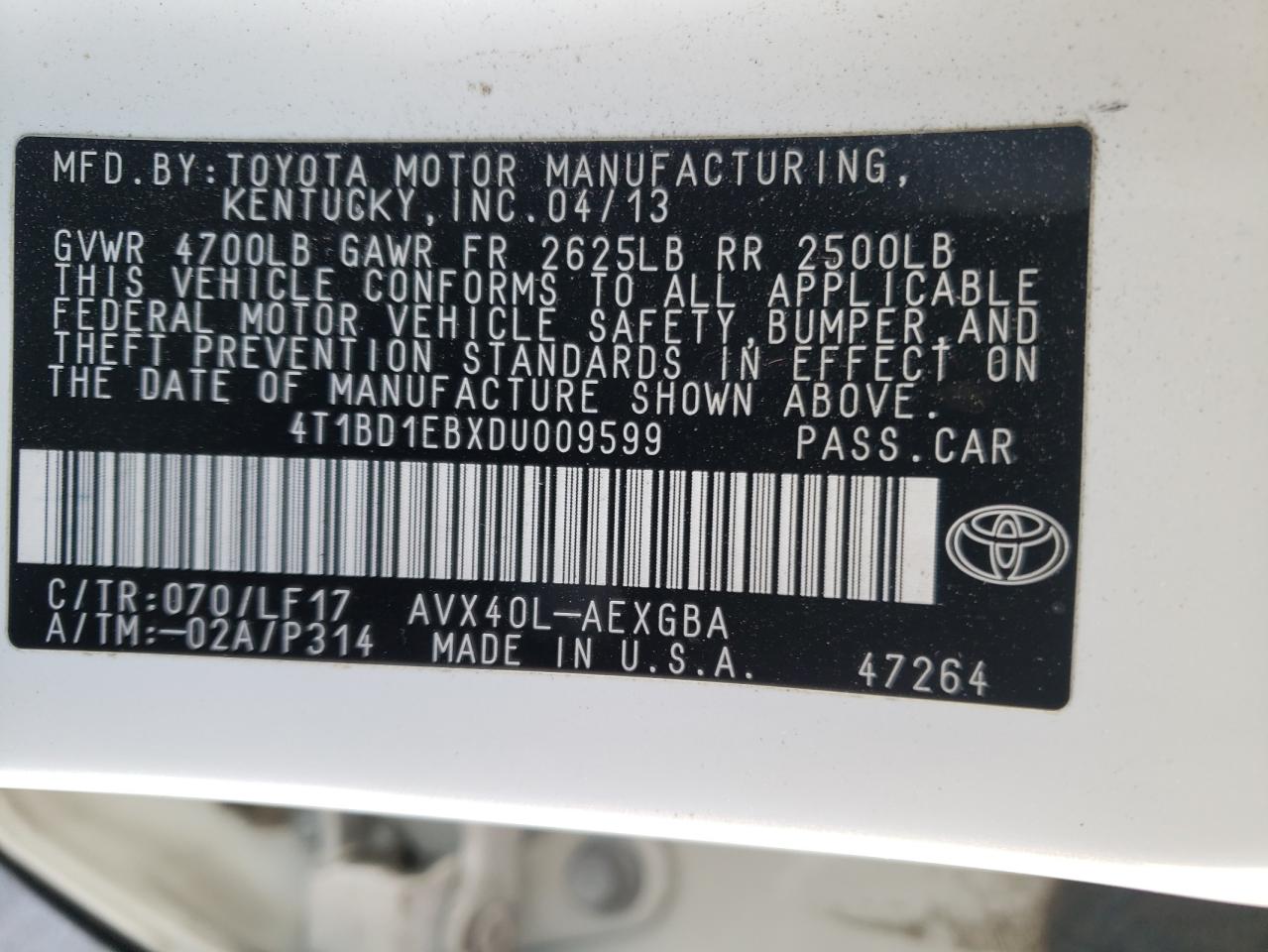 4T1BD1EBXDU009599 2013 Toyota Avalon Hybrid