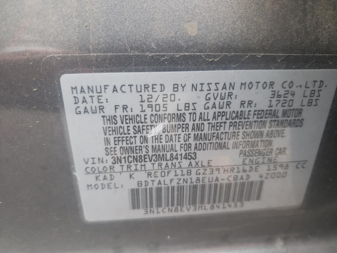 3N1CN8EV3ML841453 2021 Nissan Versa Sv