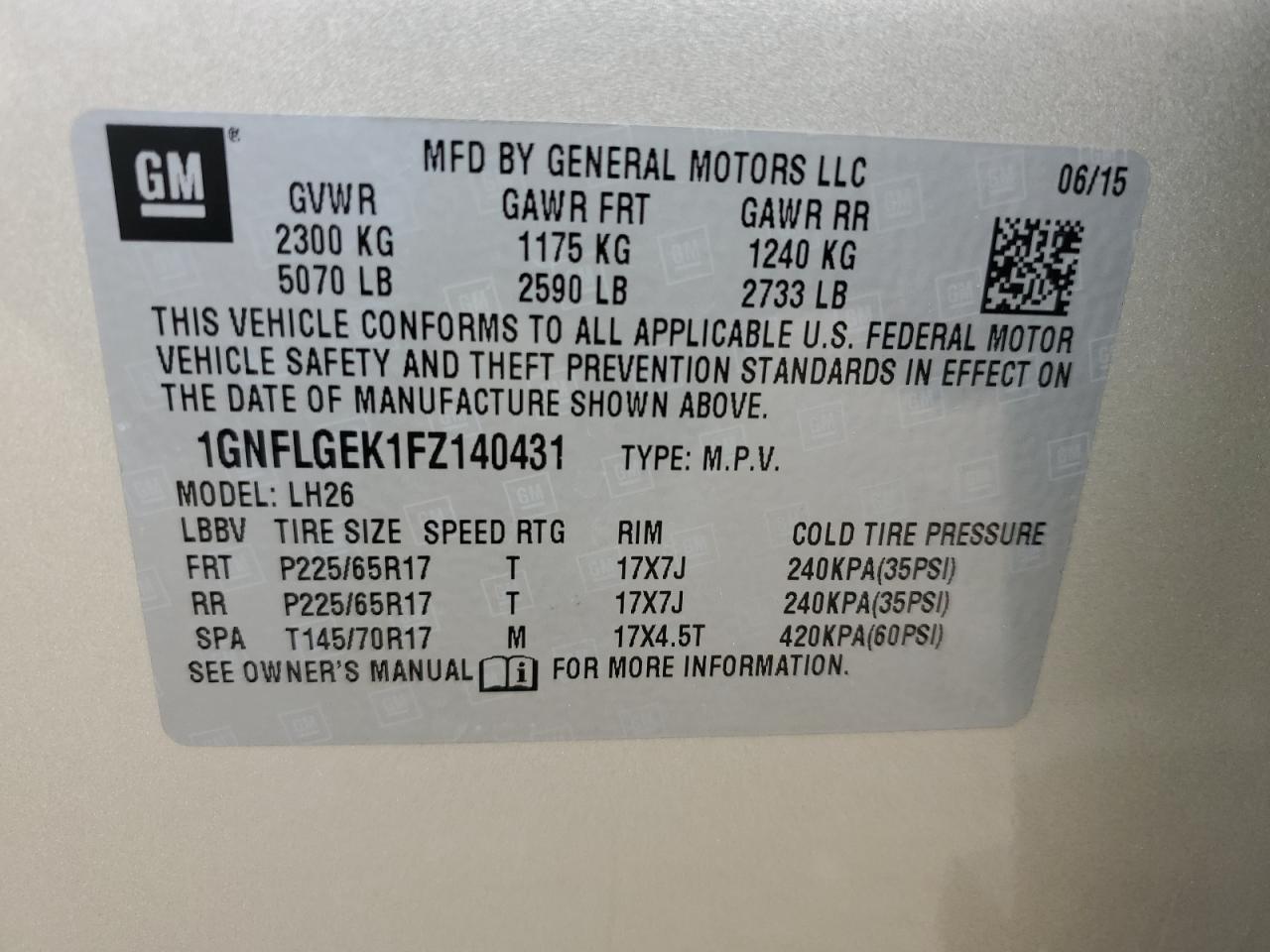 1GNFLGEK1FZ140431 2015 Chevrolet Equinox Lt