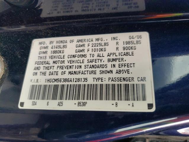 2006 Honda Accord Se VIN: 1HGCM56386A128135 Lot: 45475514