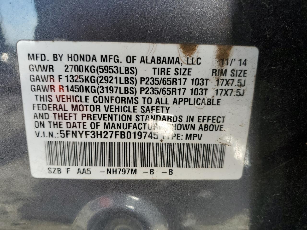 5FNYF3H27FB019745 2015 Honda Pilot Lx