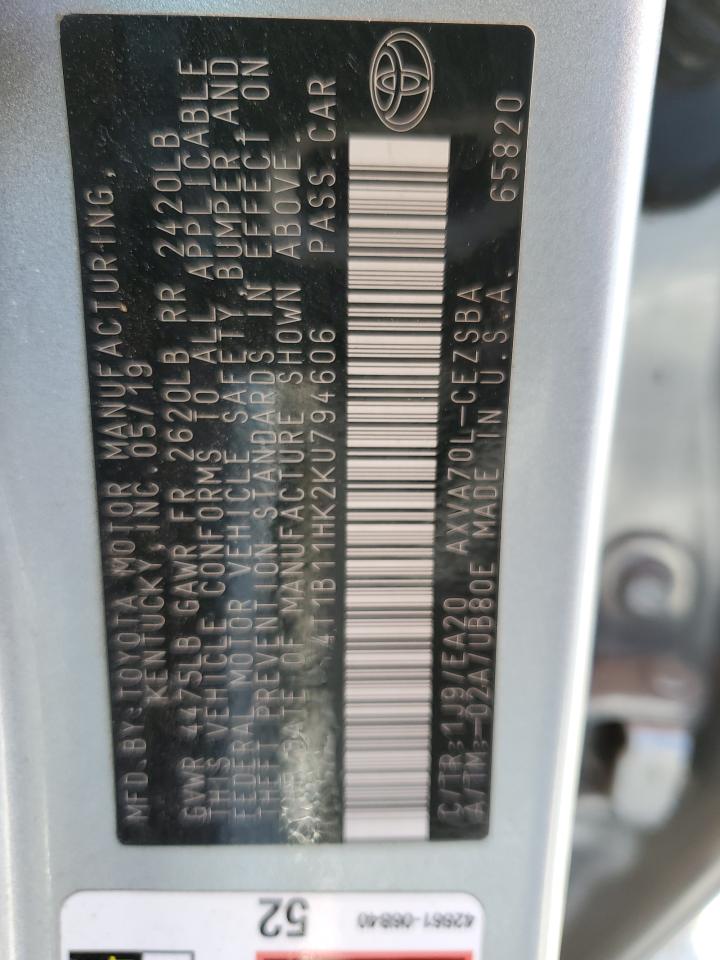 4T1B11HK2KU794606 2019 Toyota Camry L