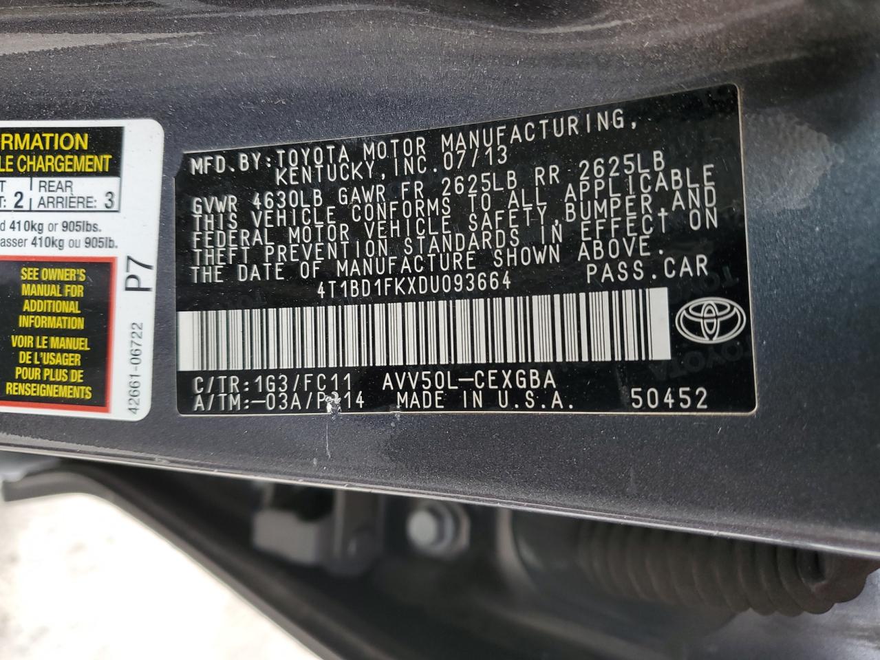 2013 Toyota Camry Hybrid vin: 4T1BD1FKXDU093664