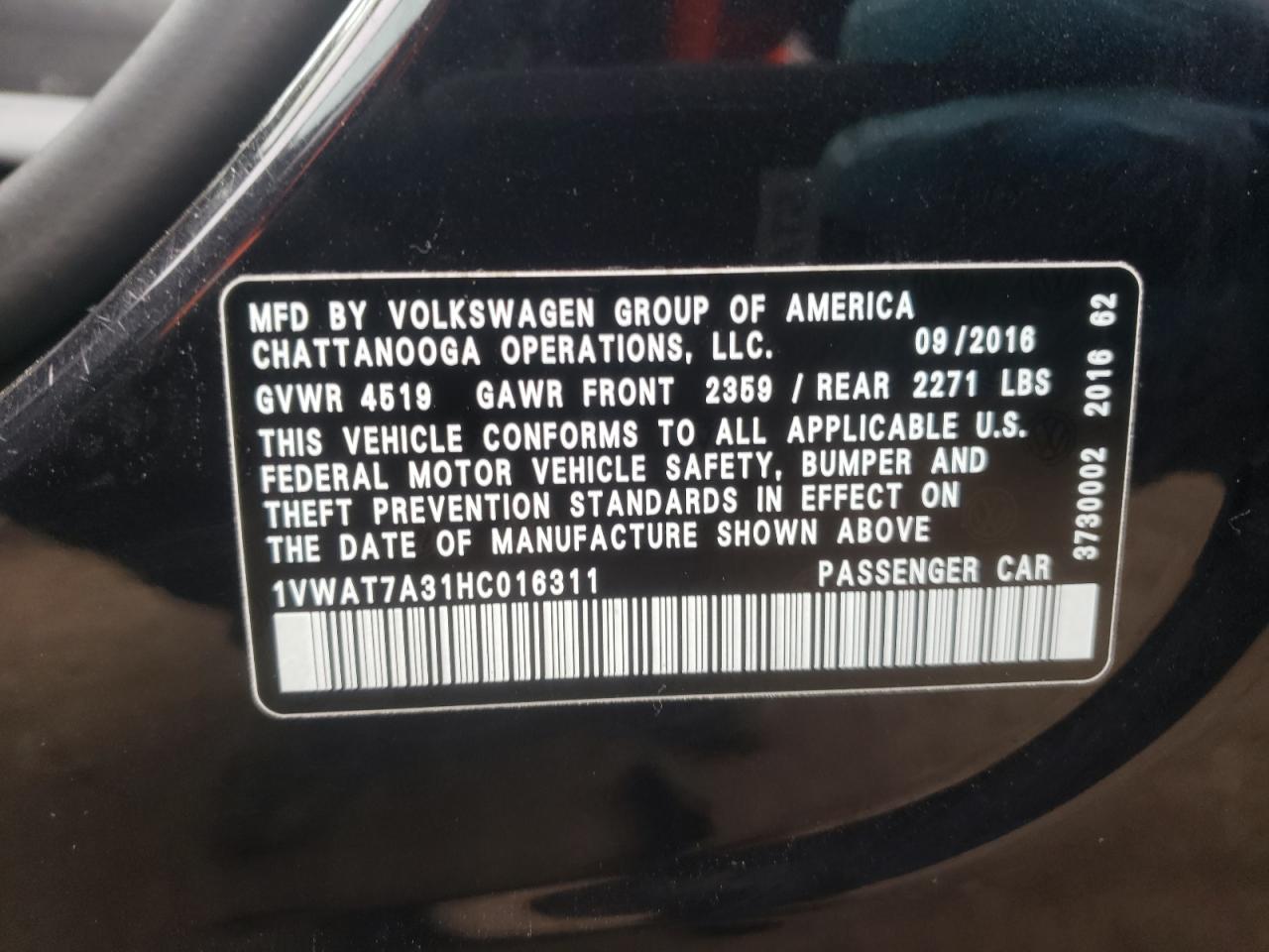 1VWAT7A31HC016311 2017 Volkswagen Passat S