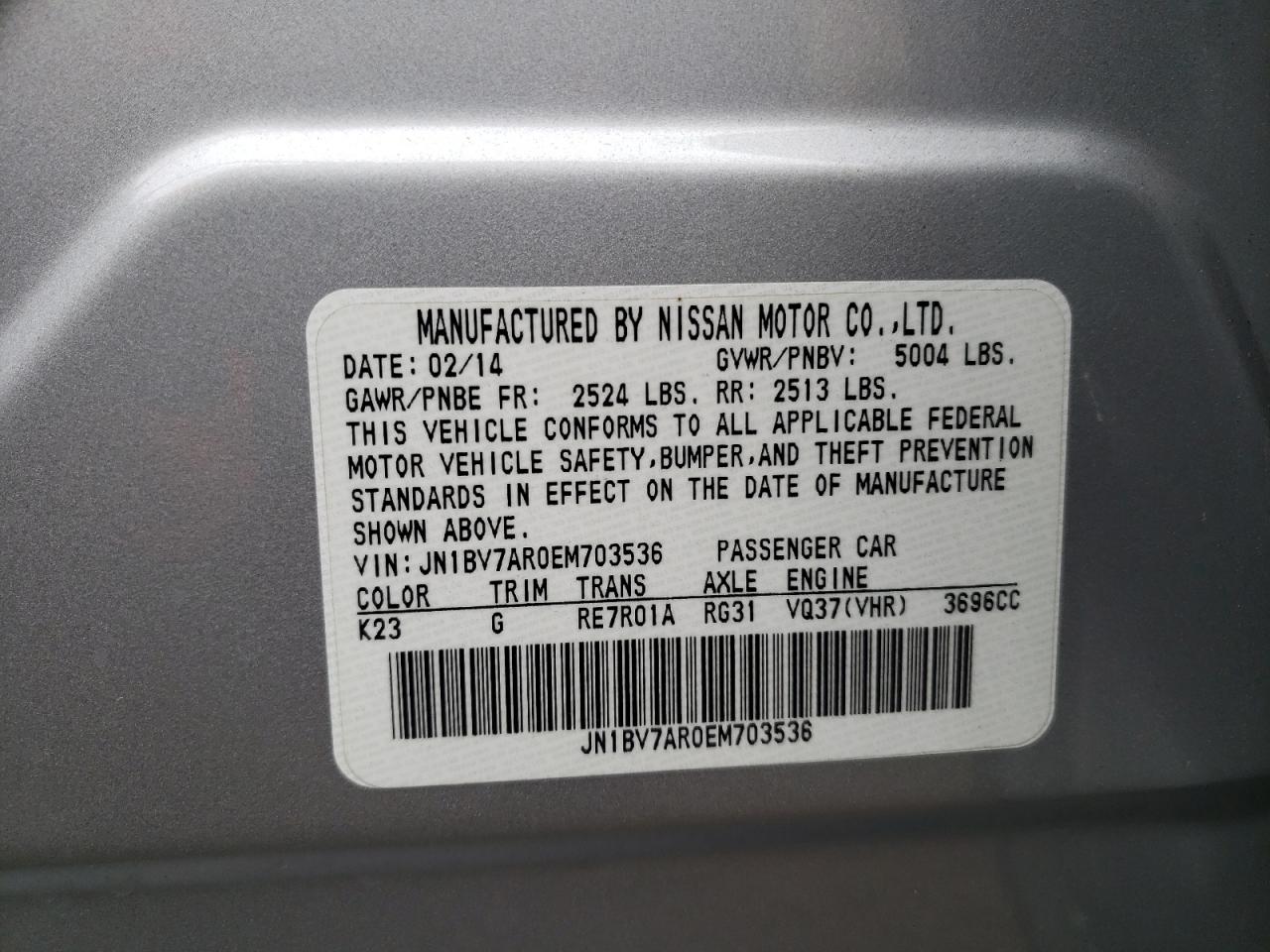 JN1BV7AR0EM703536 2014 Infiniti Q50 Base