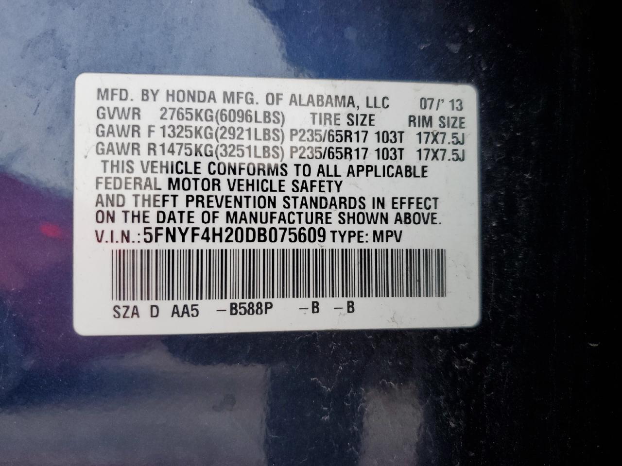 5FNYF4H20DB075609 2013 Honda Pilot Lx