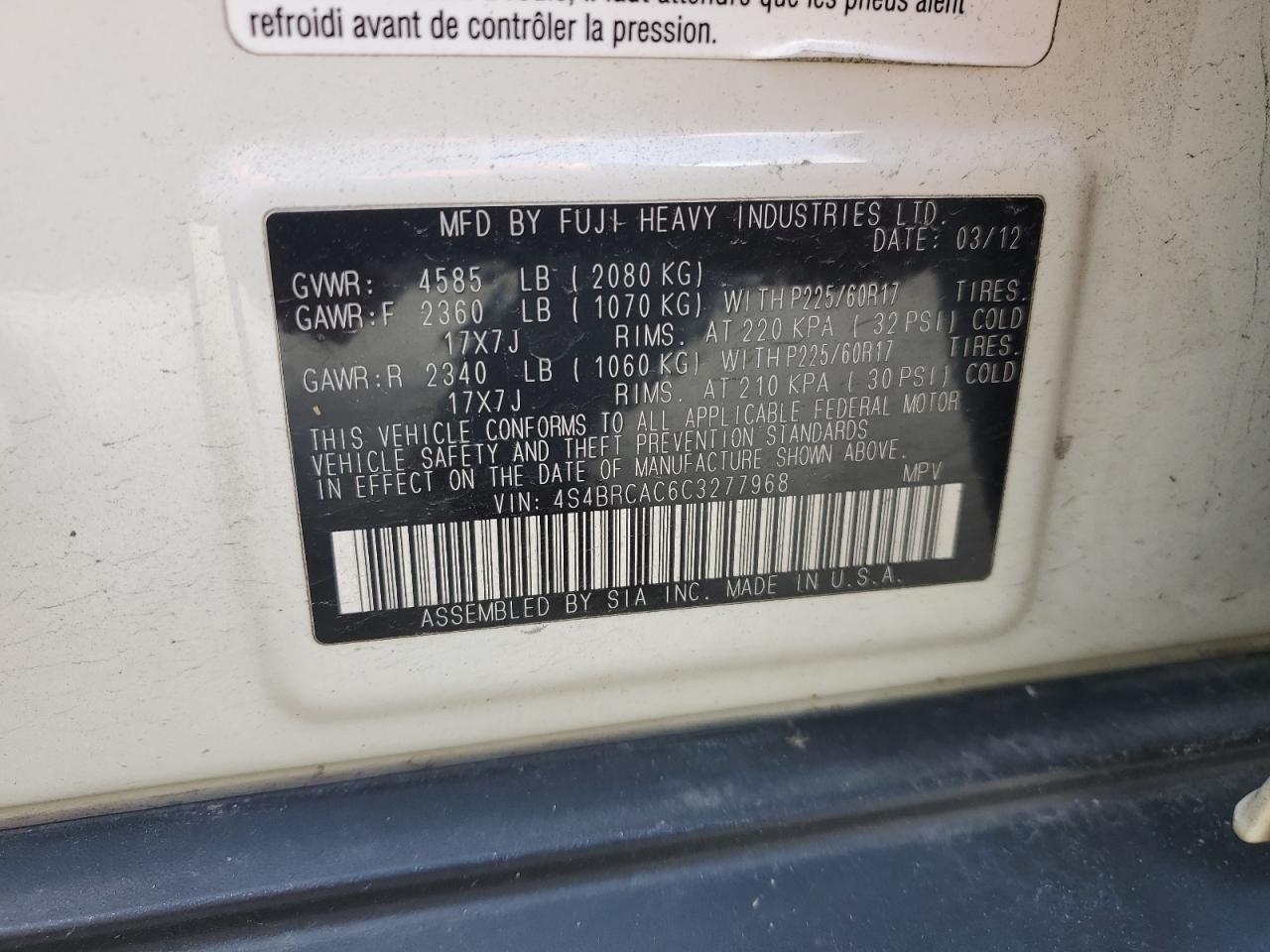 4S4BRCAC6C3277968 2012 Subaru Outback 2.5I