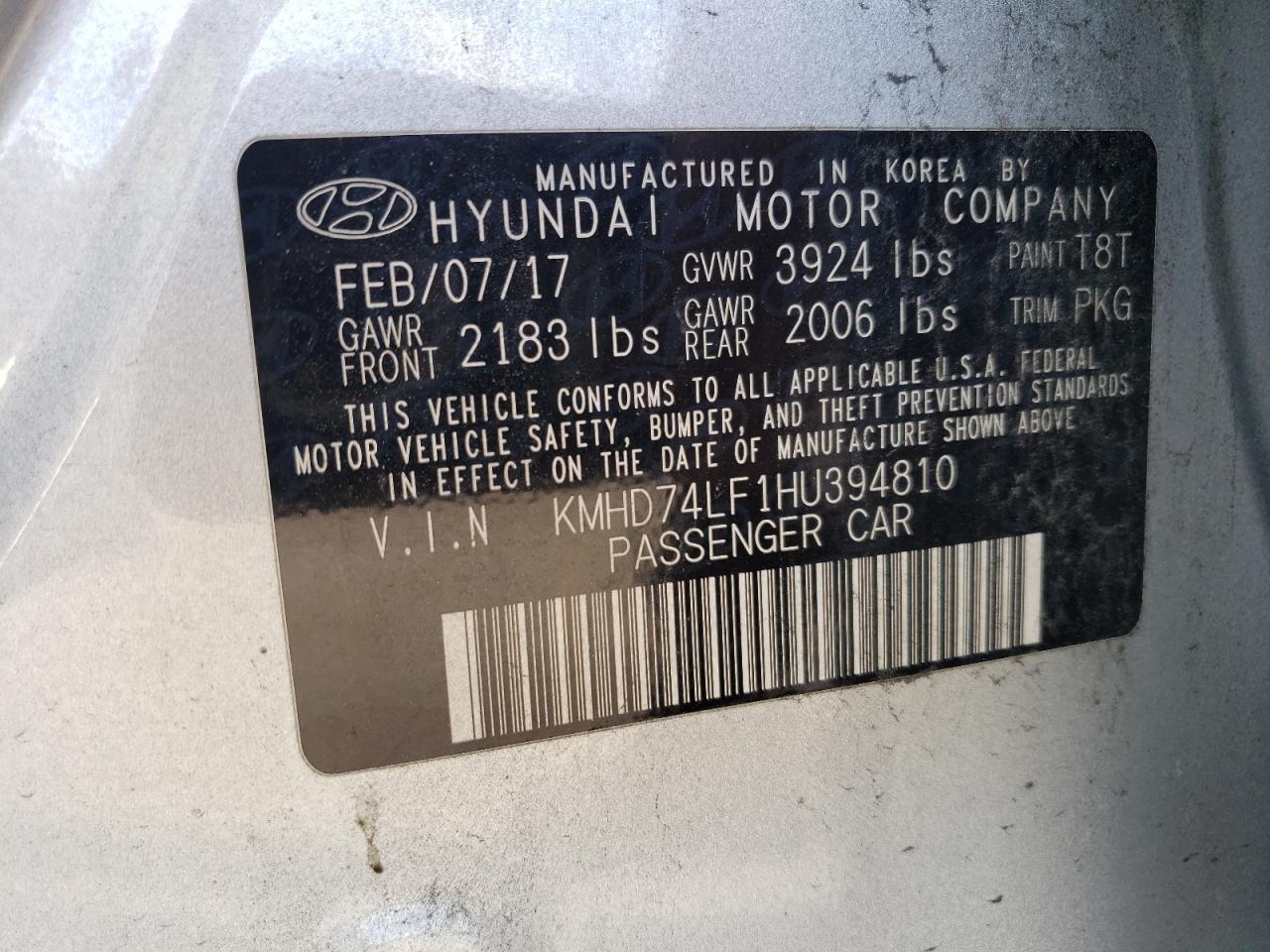 KMHD74LF1HU394810 2017 Hyundai Elantra Se