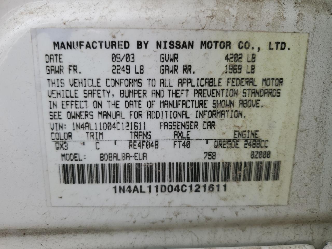 1N4AL11D04C121611 2004 Nissan Altima Base