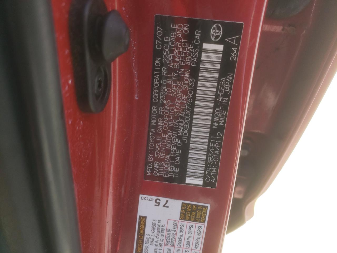 JTDKB20UX77690133 2007 Toyota Prius