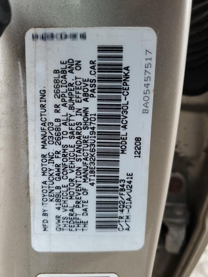 4T1BE32K63U194701 2003 Toyota Camry Le