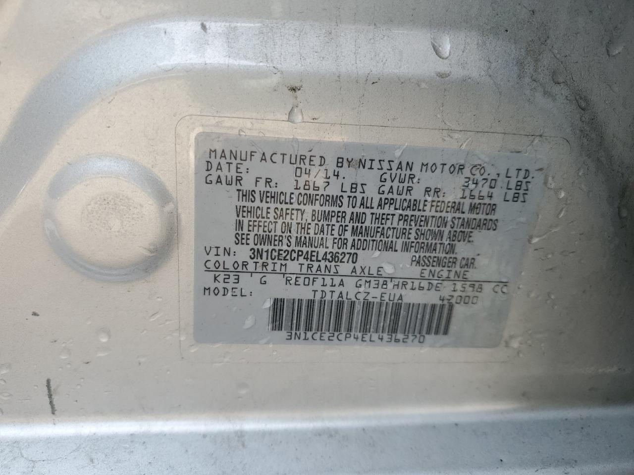 3N1CE2CP4EL436270 2014 Nissan Versa Note S