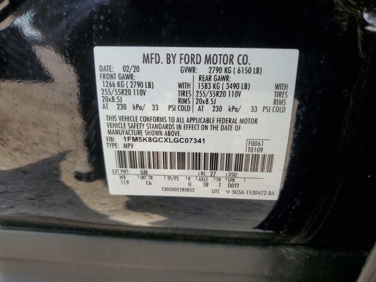 VIN: 1FM5K8GCXLGC07341 2020 FORD EXPLORER