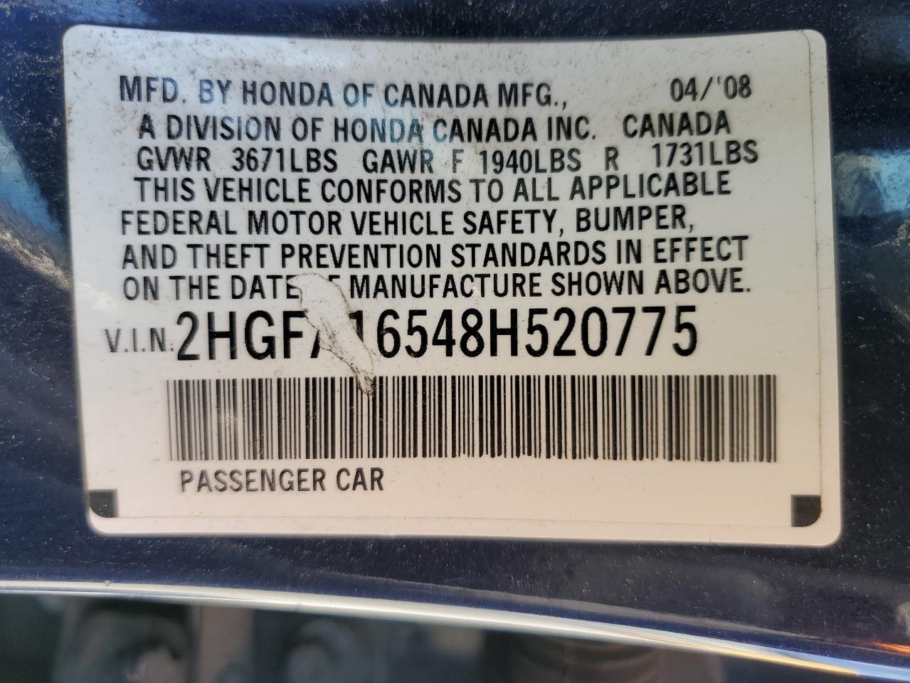 2HGFA16548H520775 2008 Honda Civic Lx