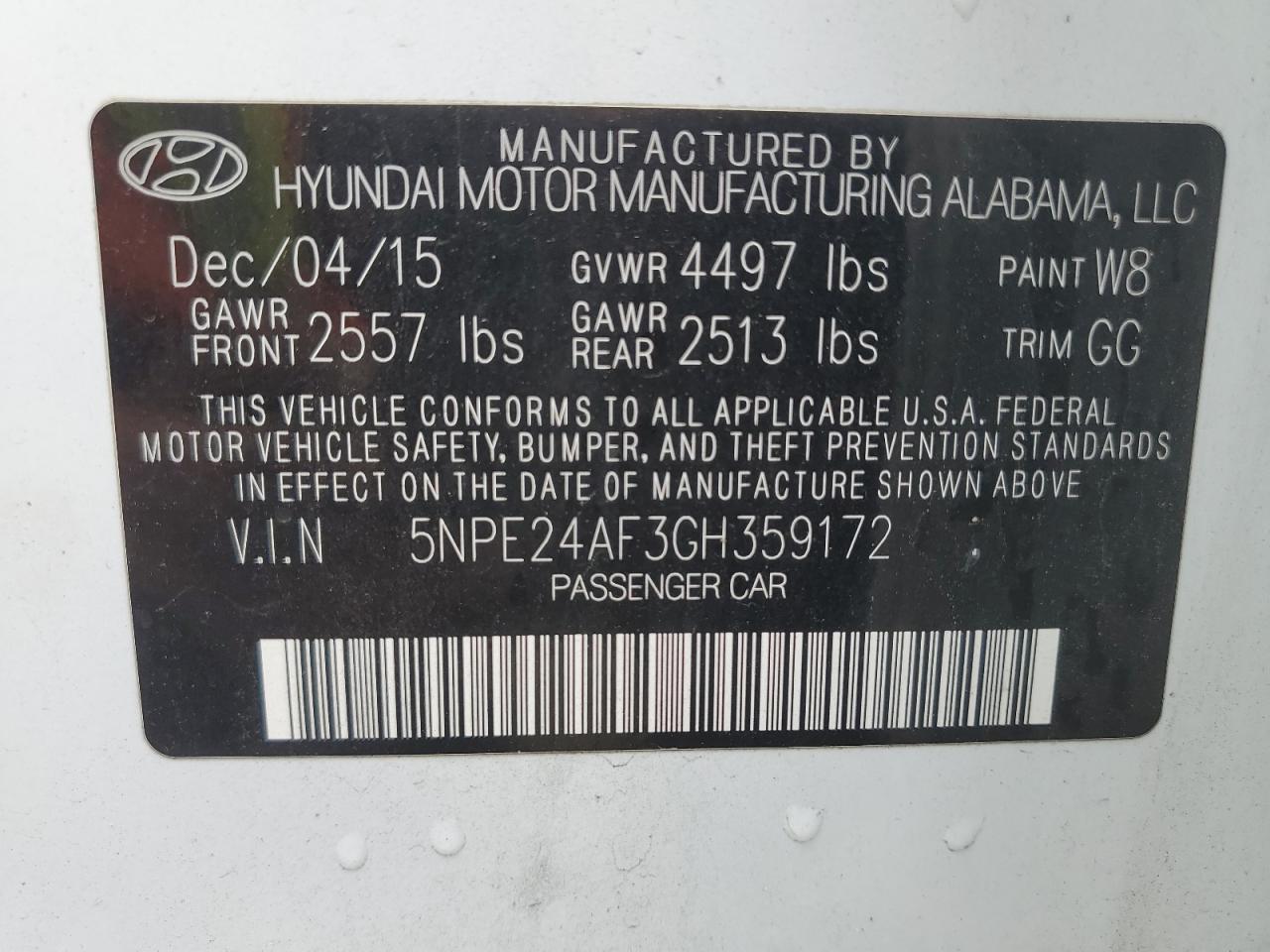 5NPE24AF3GH359172 2016 Hyundai Sonata Se