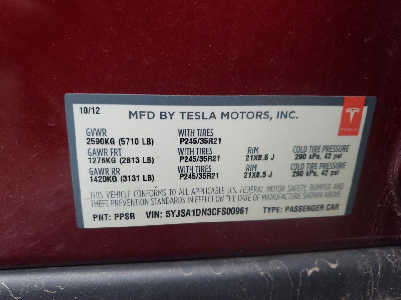 5YJSA1DN3CFS00961 2012 Tesla Model S