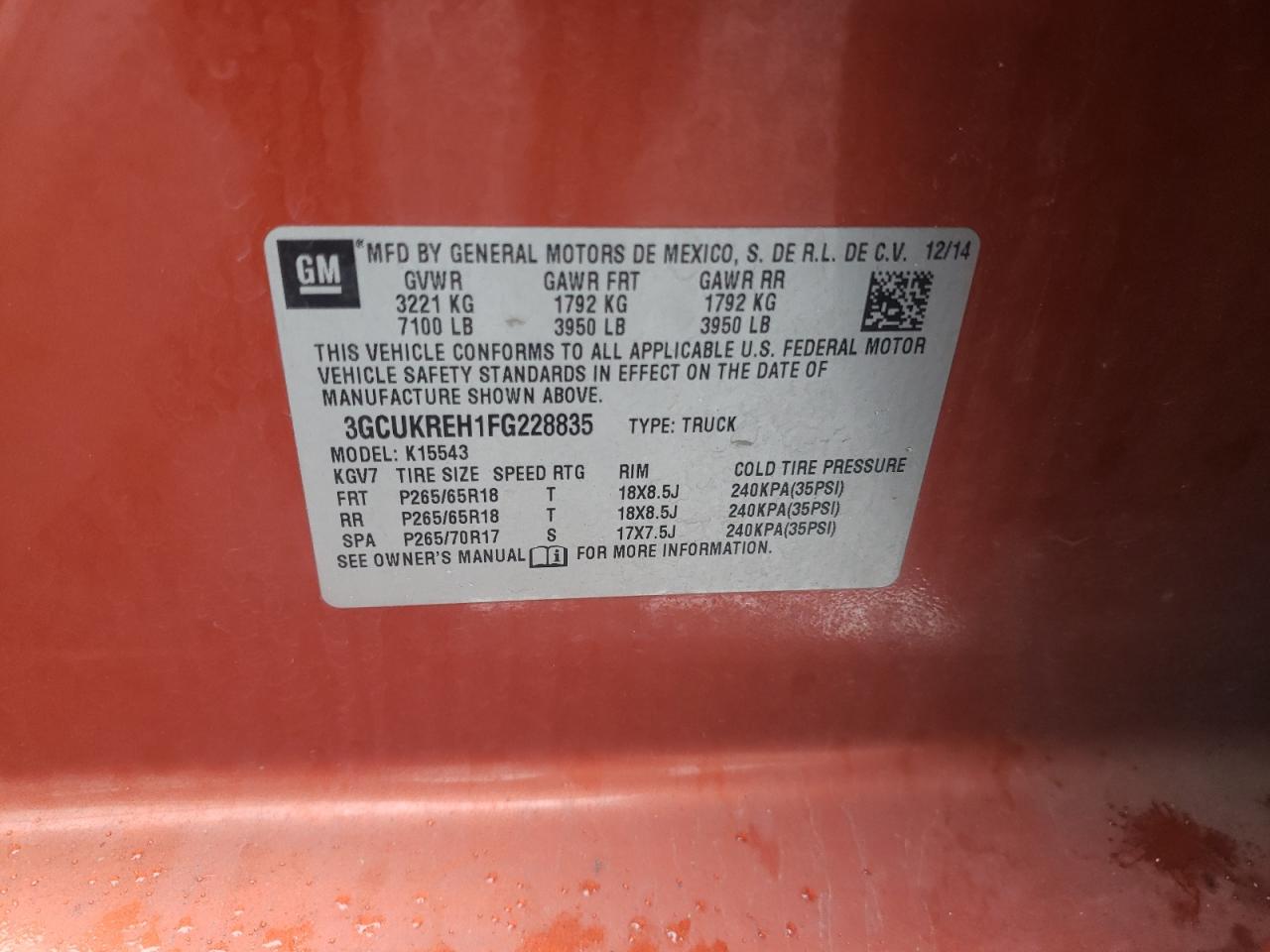 3GCUKREH1FG228835 2015 Chevrolet Silverado K1500 Lt