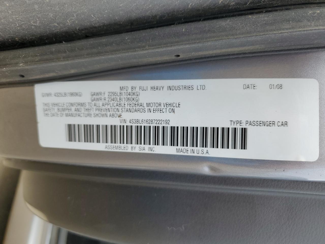 4S3BL616287222192 2008 Subaru Legacy 2.5I