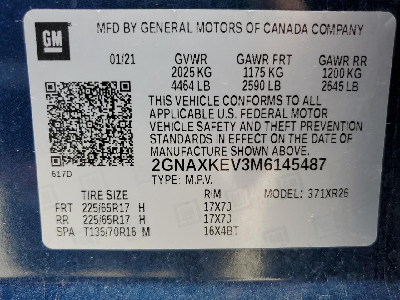 2GNAXKEV3M6145487 2021 Chevrolet Equinox Lt