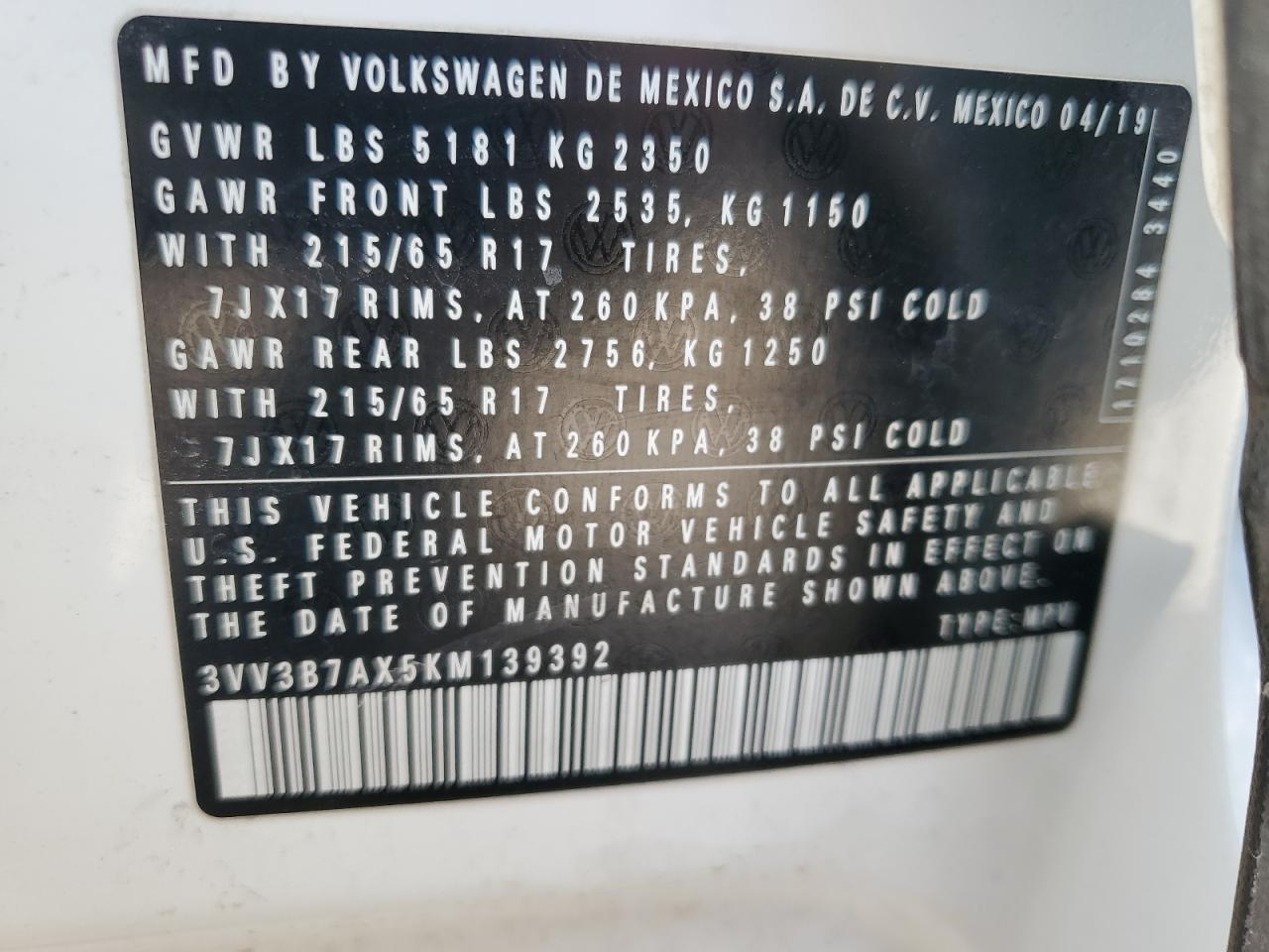 3VV3B7AX5KM139392 2019 Volkswagen Tiguan Se