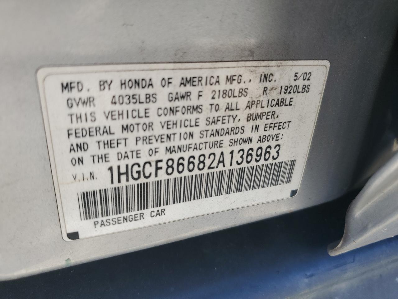 1HGCF86682A136963 2002 Honda Accord Value