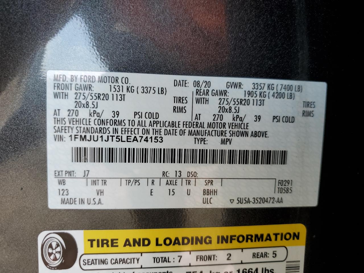 1FMJU1JT5LEA74153 2020 Ford Expedition Xlt