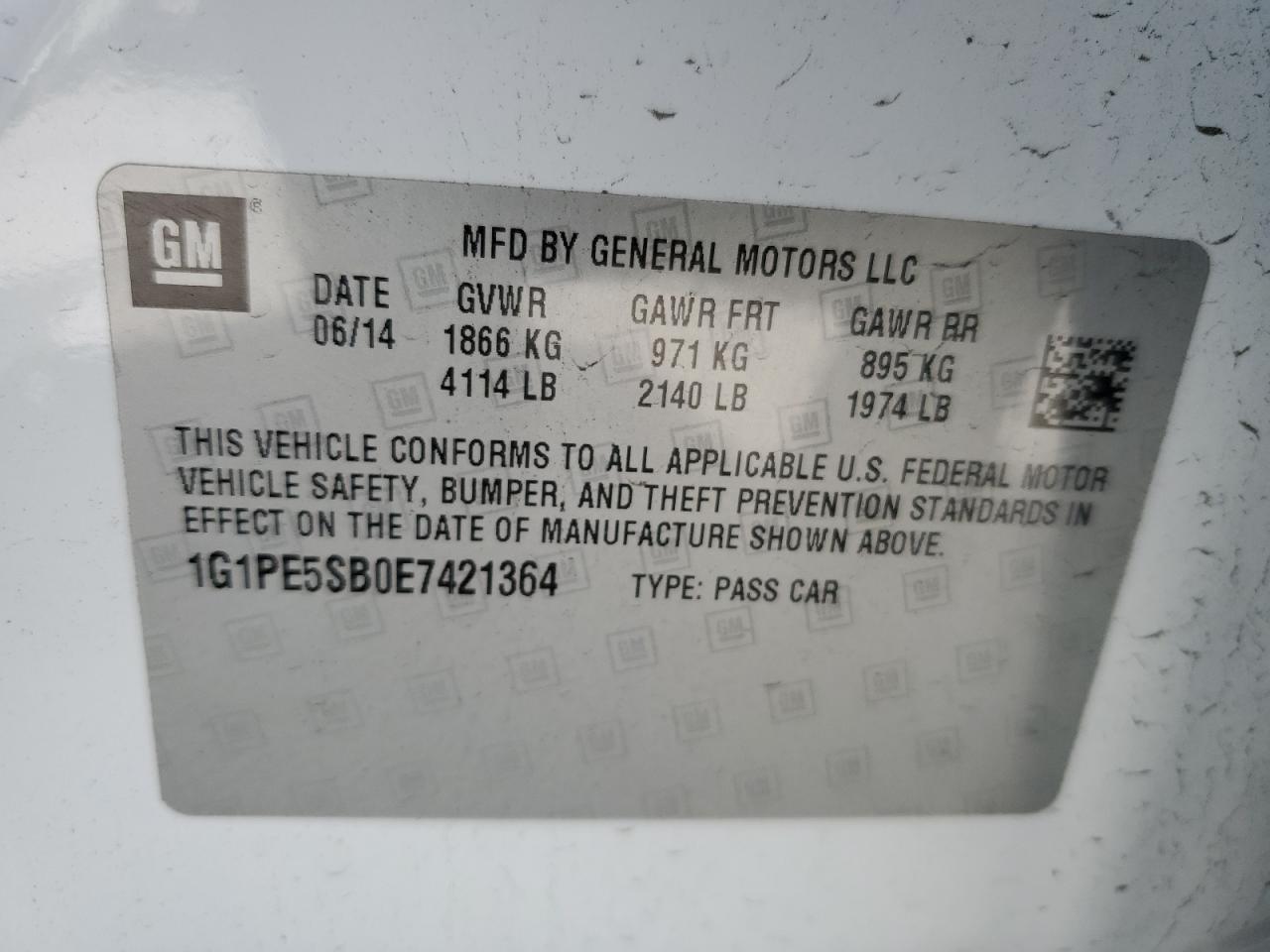 1G1PE5SB0E7421364 2014 Chevrolet Cruze Lt