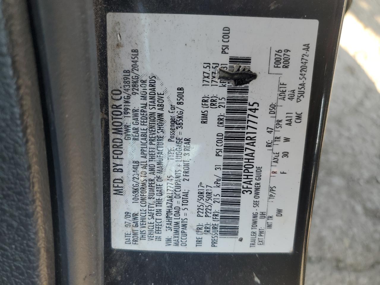 3FAHP0HA7AR177745 2010 Ford Fusion Se