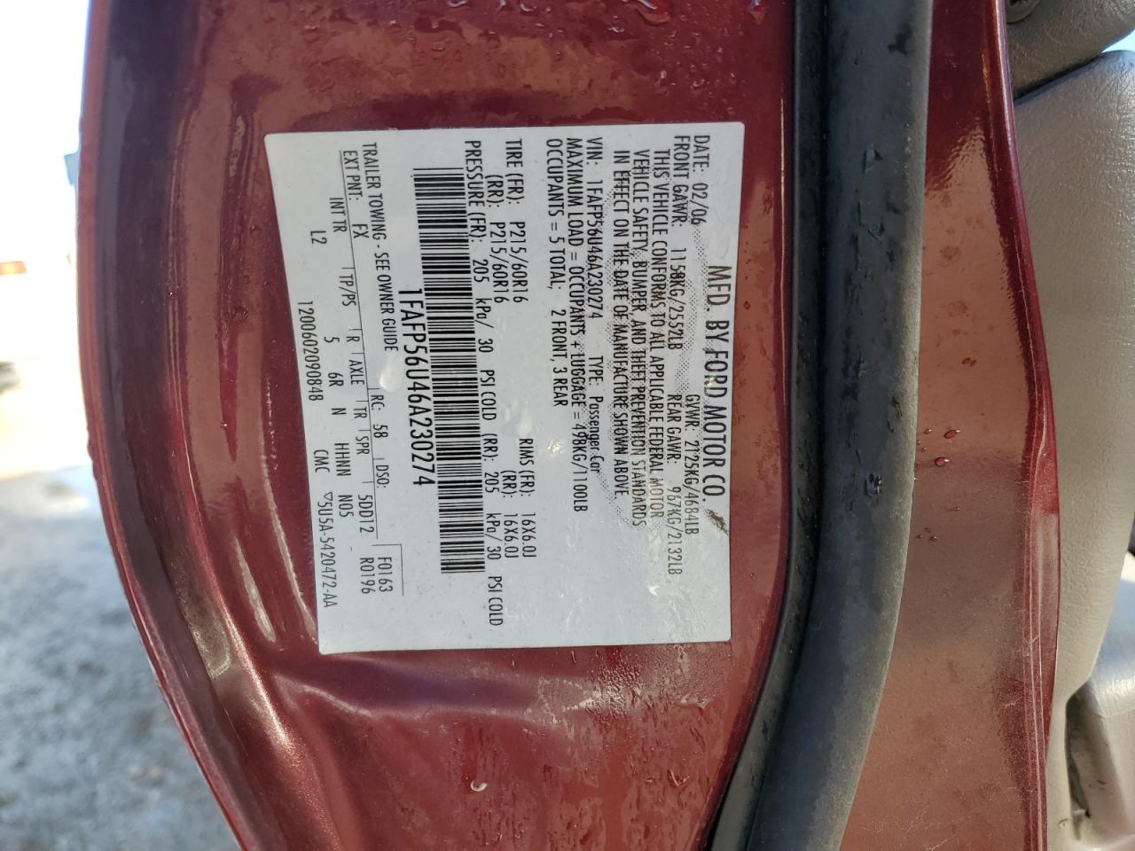 1FAFP56U46A230274 2006 Ford Taurus Sel