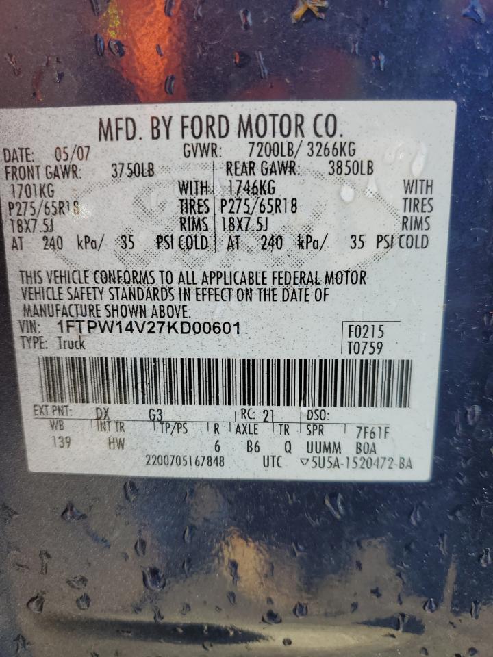 1FTPW14V27KD00601 2007 Ford F150 Supercrew