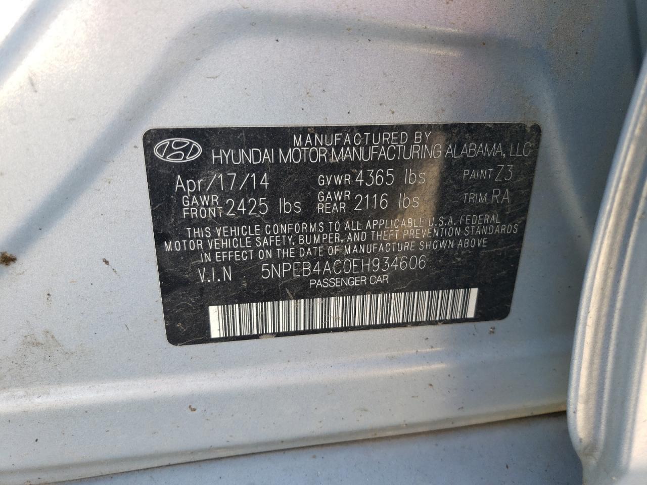 5NPEB4AC0EH934606 2014 Hyundai Sonata Gls